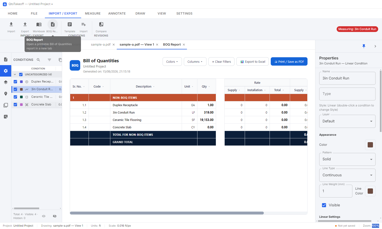 The BOQ Report — Sr. No, Code, Description, Unit, Qty, and Rate columns
