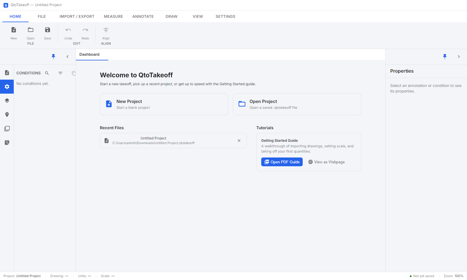 QtoTakeoff Dashboard — New Project, Open Project, Recent Files, and the Getting Started guide